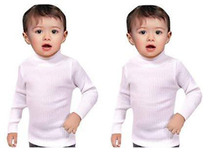 Fashionon Solid High Neck Casual Boys & Girls White Sweater