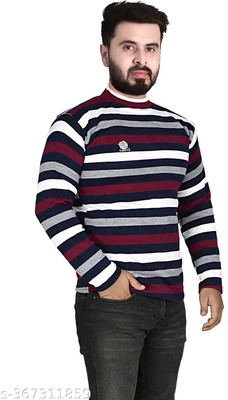 Marc Laurent Striped Round Neck Casual Men Blue Sweater