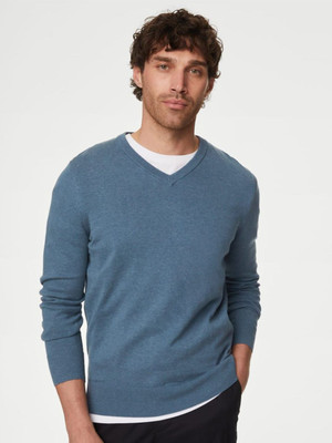 MARKS & SPENCER Solid V Neck Casual Men Blue Sweater