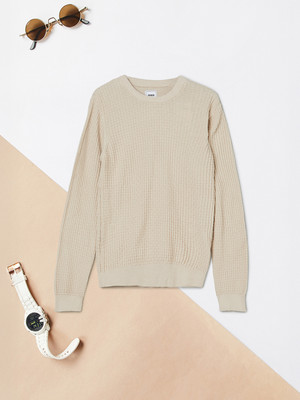 MAX Self Design Round Neck Casual Boys Beige Sweater
