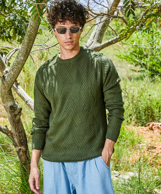 CAMPUS SUTRA Self Design Round Neck Casual Men Green Sweater