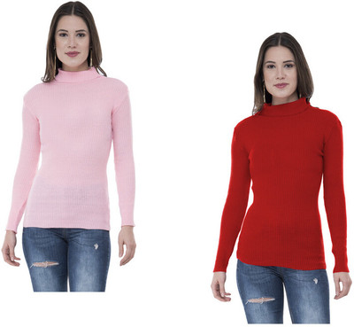 IndiWeaves Solid High Neck Casual Women Pink, Red Sweater