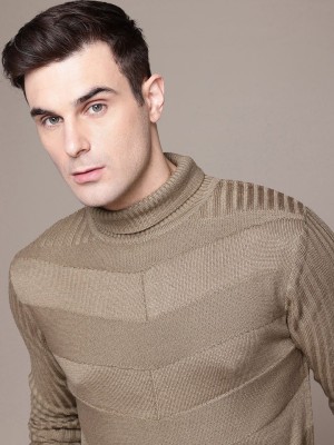 Roadster Self Design Turtle Neck Casual Men Beige Sweater