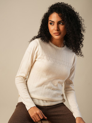 Globus Self Design Round Neck Casual Women White Sweater