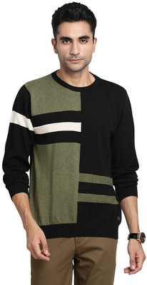 TURTLE Printed, Colorblock Round Neck Casual Men Black Sweater
