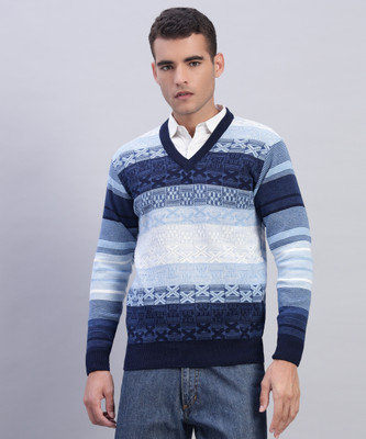 WILLEY Geometric Print V Neck Casual Men Blue, White Sweater