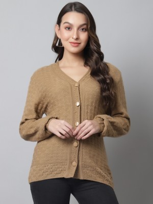 CANTABIL Self Design V Neck Casual Women Beige Sweater