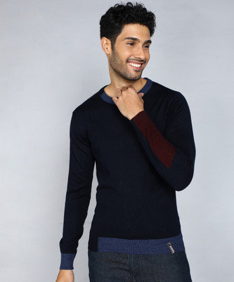 WROGN Colorblock Round Neck Casual Men Blue Sweater