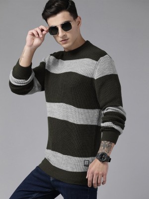 Roadster Striped Round Neck Casual Men Green Sweater