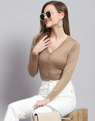 MONTE CARLO Solid V Neck Casual Women Brown Sweater