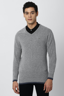 PETER ENGLAND Solid V Neck Casual Men Grey Sweater