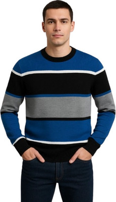 IRA CHOICE Striped Round Neck Casual Men Black Sweater