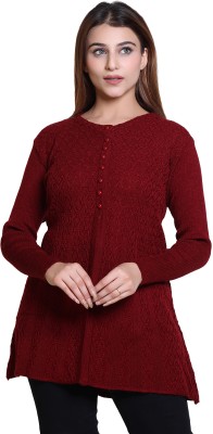 Winter knit Self Design Round Neck Casual Women Maroon Sweater