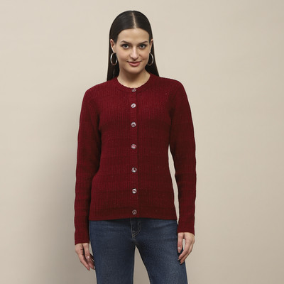 MADAME Solid Crew Neck Casual Women Red Sweater