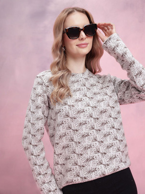 Dressberry Printed Round Neck Casual Women White Sweater