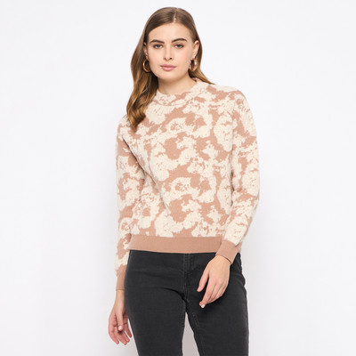 MADAME Printed Round Neck Casual Women Beige Sweater