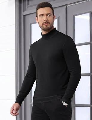 AZIZAN Solid Men High Neck Black T-Shirt