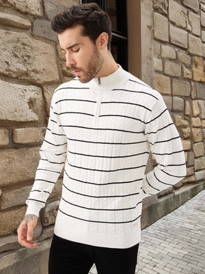 Status Quo Striped High Neck Casual Men White Sweater