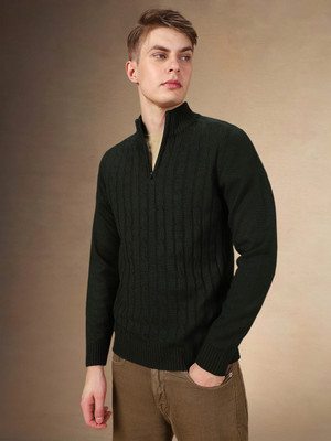 Dennis Lingo Solid High Neck Casual Men Green Sweater