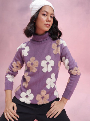 Dressberry Self Design Turtle Neck Casual Women Purple Sweater