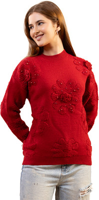 GFO Floral Print Round Neck Casual Women Red Sweater