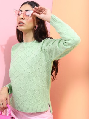 Tokyo Talkies Self Design Round Neck Casual Women Light Green Sweater