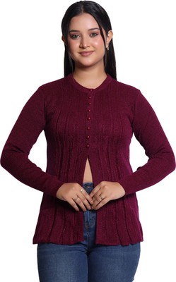 Varenyam Self Design Round Neck Casual Women Purple Sweater