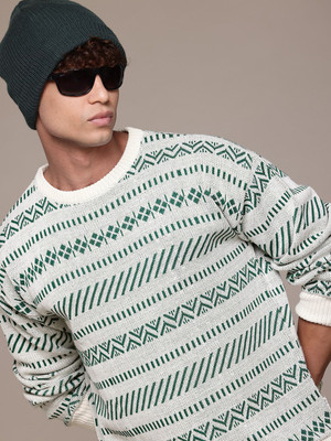 Roadster Striped Round Neck Casual Men White Sweater