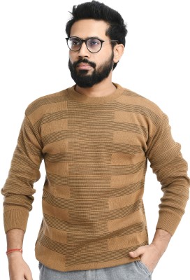 Life and style Self Design Round Neck Casual Men Beige Sweater