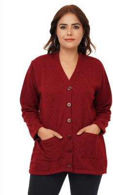urban rock Self Design V Neck Casual Women Maroon Sweater