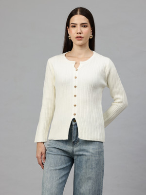 PIERRE CARLO Striped Round Neck Casual Women White Sweater