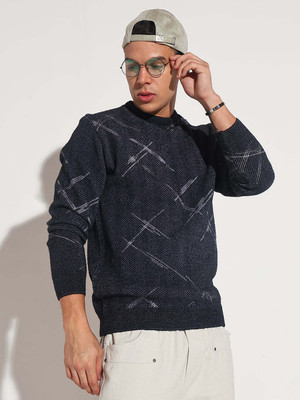 SHOWOFFFF Graphic Print Round Neck Casual Men Dark Blue Sweater