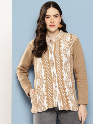 METRONAUT Printed Round Neck Casual Women Beige Sweater