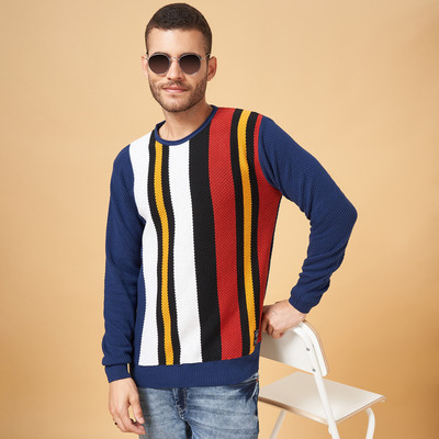 PEOPLE Striped Round Neck Casual Men Blue Sweater