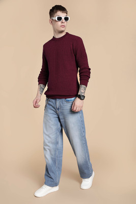 FREAKS Self Design Round Neck Casual Men Maroon Sweater