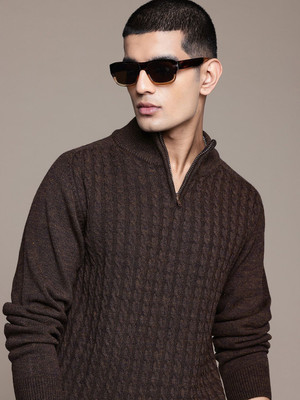 Roadster Self Design Mandarin Neck Casual Men Brown Sweater