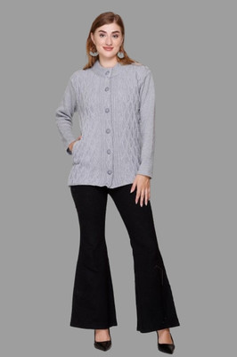 Biwu Self Design Round Neck Casual Women Grey Sweater