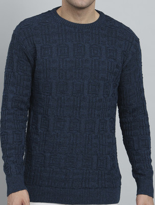eWools Self Design Round Neck Party Men Dark Blue Sweater