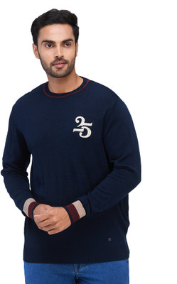 Raymond Self Design Round Neck Formal Men Blue Sweater
