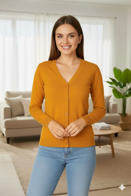 NATRIS Solid V Neck Casual Women Yellow Sweater