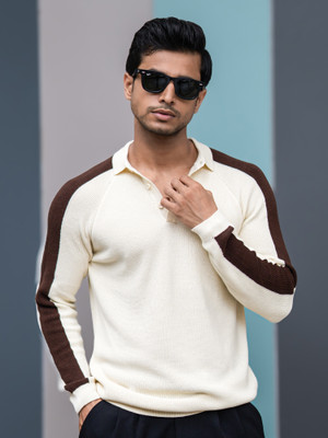 MANIAC Colorblock Collared Neck Casual Men White Sweater