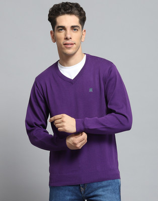 MONTE CARLO Solid V Neck Casual Men Purple Sweater