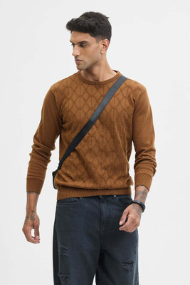 Snitch Self Design Crew Neck Casual Men Brown Sweater