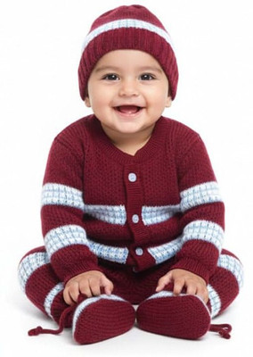 BLLOMKIDS Self Design Round Neck Casual Baby Boys & Baby Girls Maroon Sweater