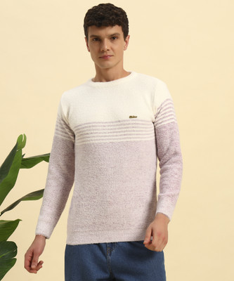 KILVESTED Striped, Self Design Round Neck Casual Men Purple Sweater
