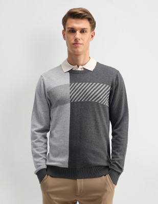 ARROW Colorblock Crew Neck Casual Men Grey Sweater
