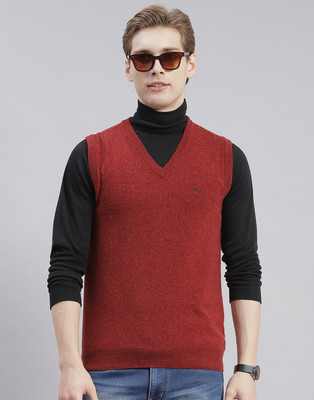 MONTE CARLO Solid V Neck Casual Men Maroon Sweater