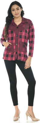 manra Checkered Collared Neck Casual Women Pink, Black Sweater