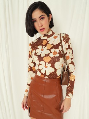 TANDUL Floral Print High Neck Casual Women Brown Sweater