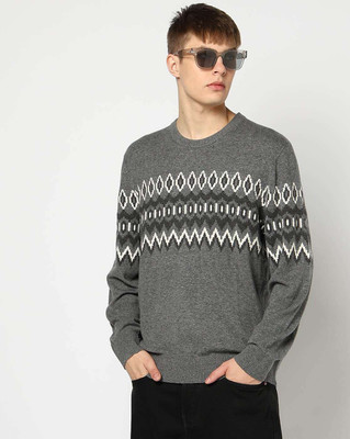 GAP Geometric Print Round Neck Casual Men Grey Sweater